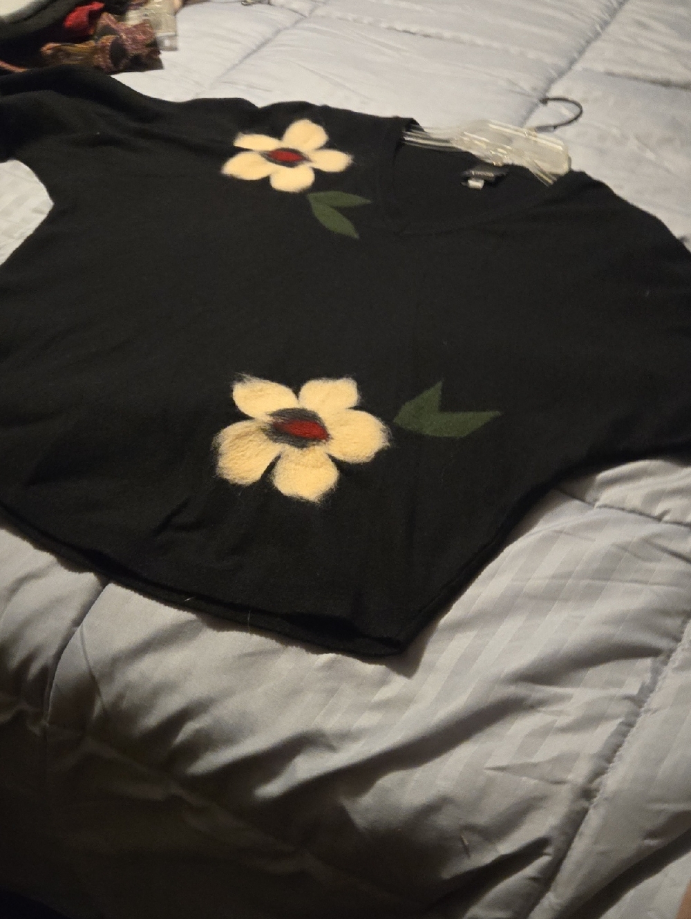 Black V-Neck Sweater with Cream Floral Appliqué